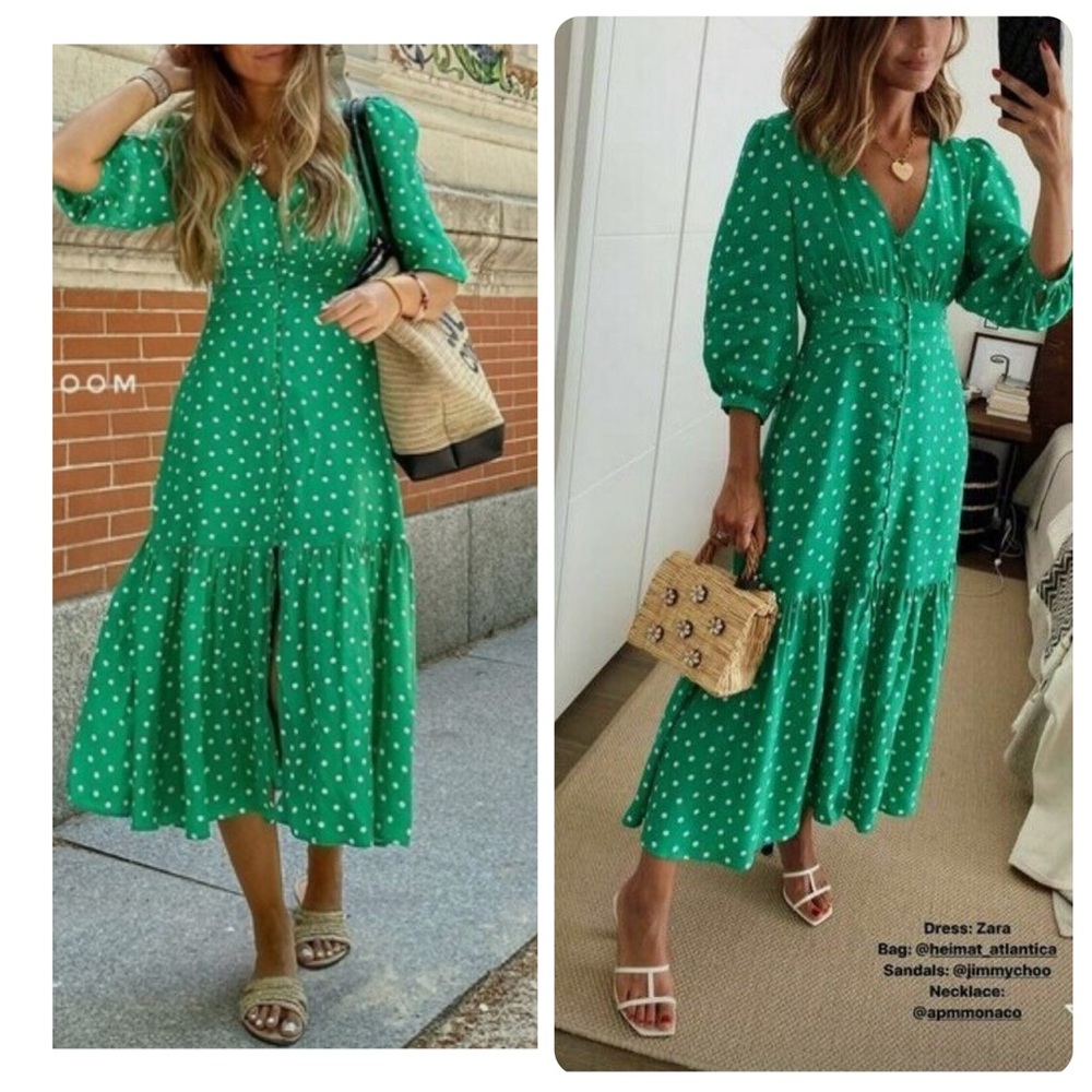 NWT zara green white button polka dot midi dress small